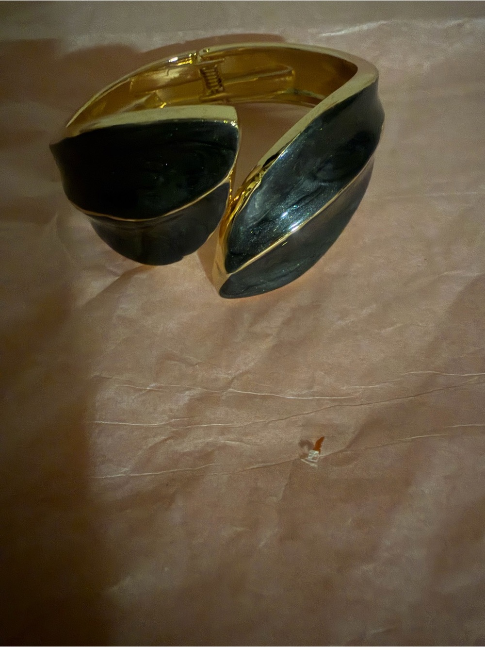 Gold-Tone Black Enamel Leaf Cuff Bracelet